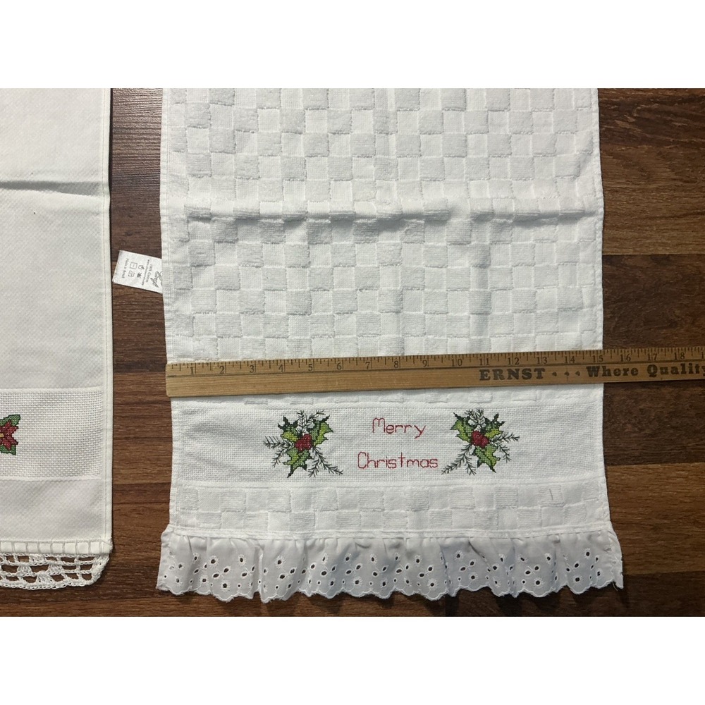 2 Hand Stitched White Cotton Christmas Fingertip Towels MERRY CHRISTMAS